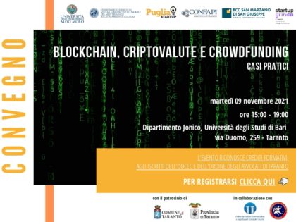 Convegno “Blockchain, Cryptovalute e Crowdfunding. Casi pratici”.